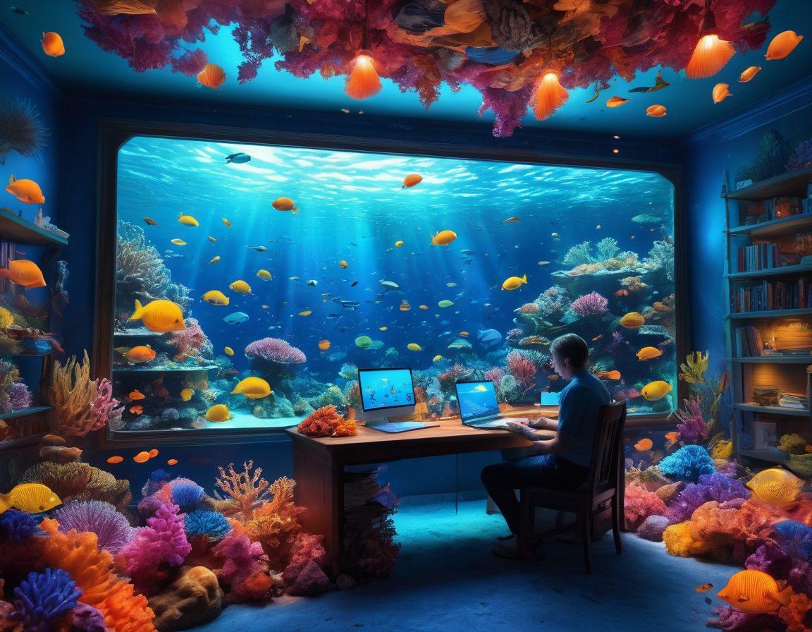 A vibrant underwater world filled with colorful marine life, where a writer sits on a coral reef, surrounded by floating pages and glowing lightbulbs representing unique ideas. The background features a whimsical blog interface with scrolling text bubbles. captivating and imaginative. bright colors. super-realistic.