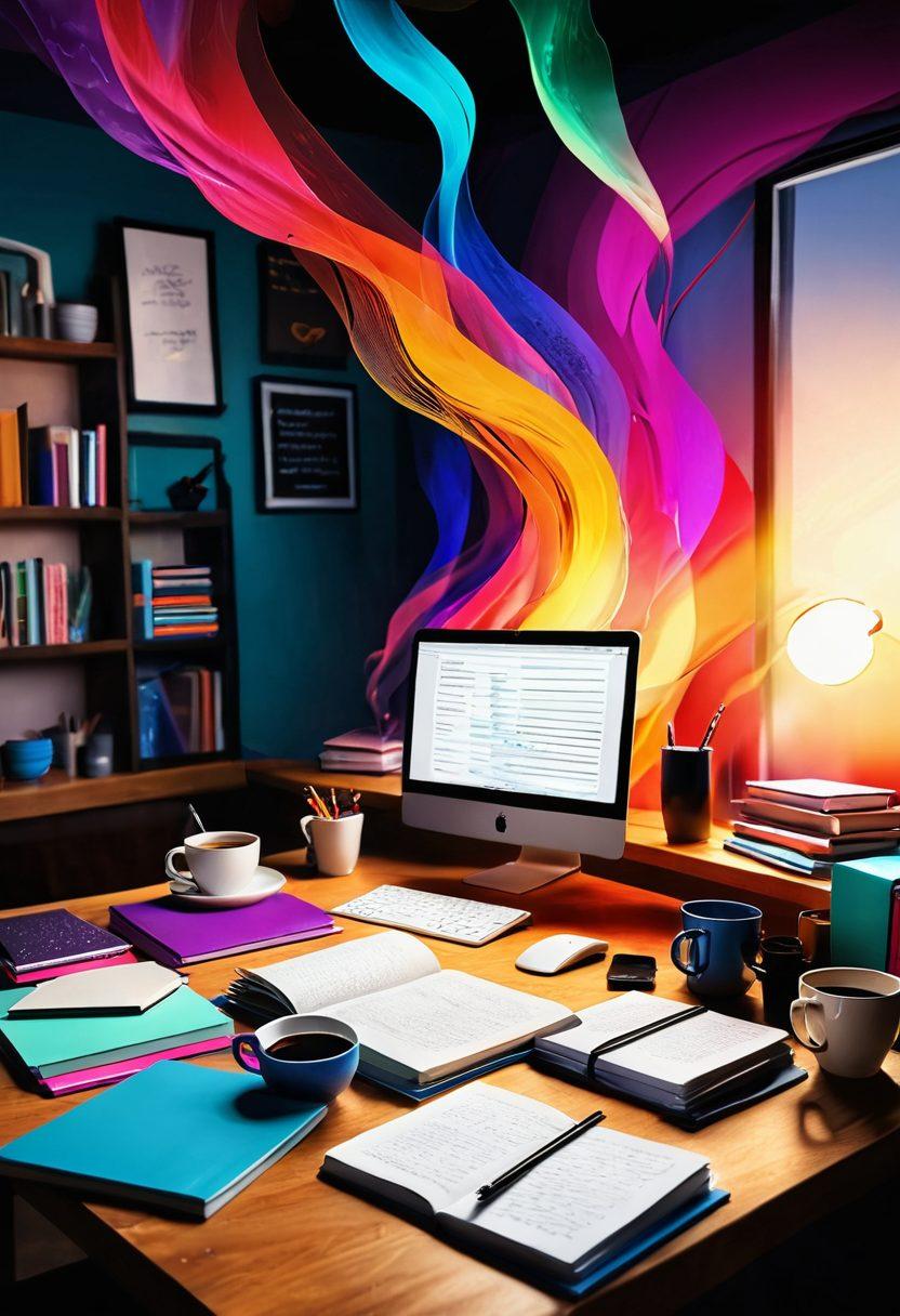 A vibrant, dynamic workspace filled with colorful notebooks, digital screens displaying creative writing programs, and steaming cups of coffee. A burst of imagination depicted as abstract shapes and flowing lines swirling around the scene, symbolizing the elevation of digital writing. Warm lighting to inspire a cozy atmosphere. super-realistic. vibrant colors. digital art.